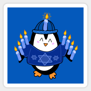 Cute Hanukkah Penguin Dressed as a Menorah on a Blue Backdrop, made by EndlessEmporium Sticker